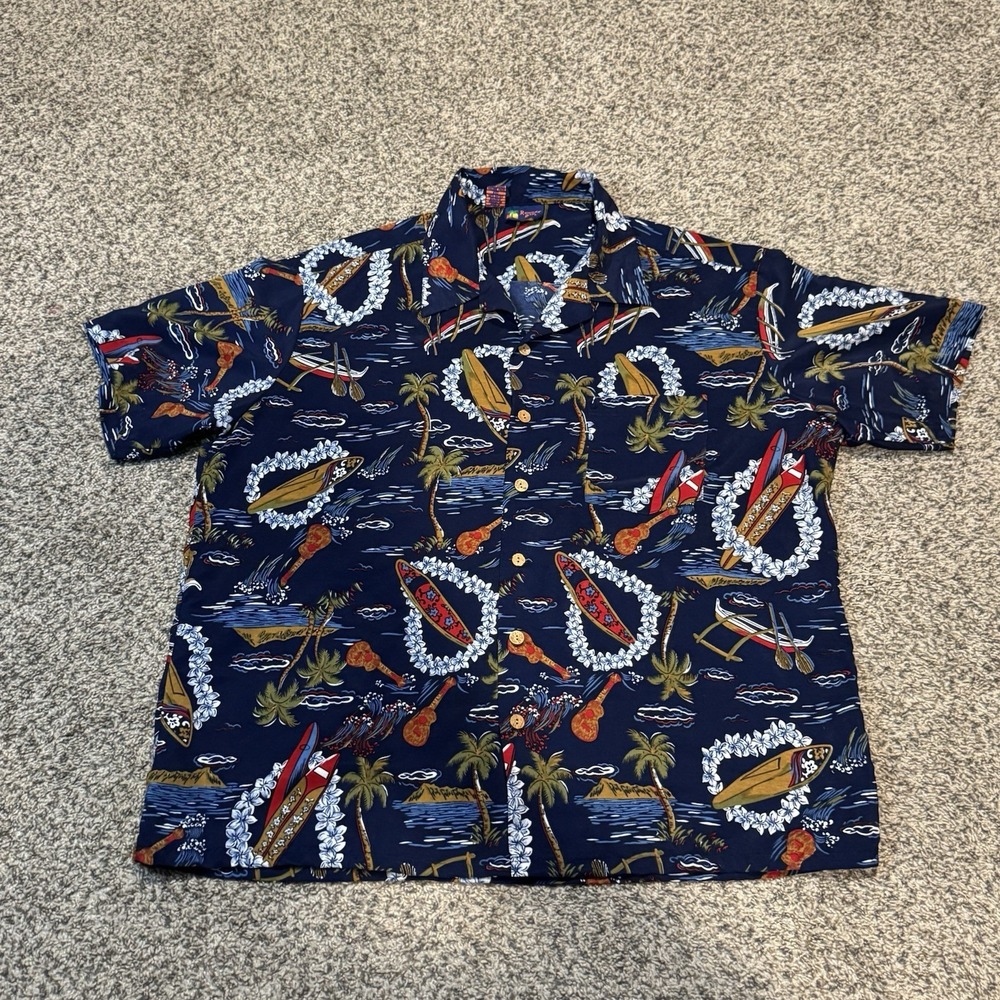 Men's Roundy Bay Hawaiian Surfboard Print Button Up Shirt Size 2XL Navy Blue